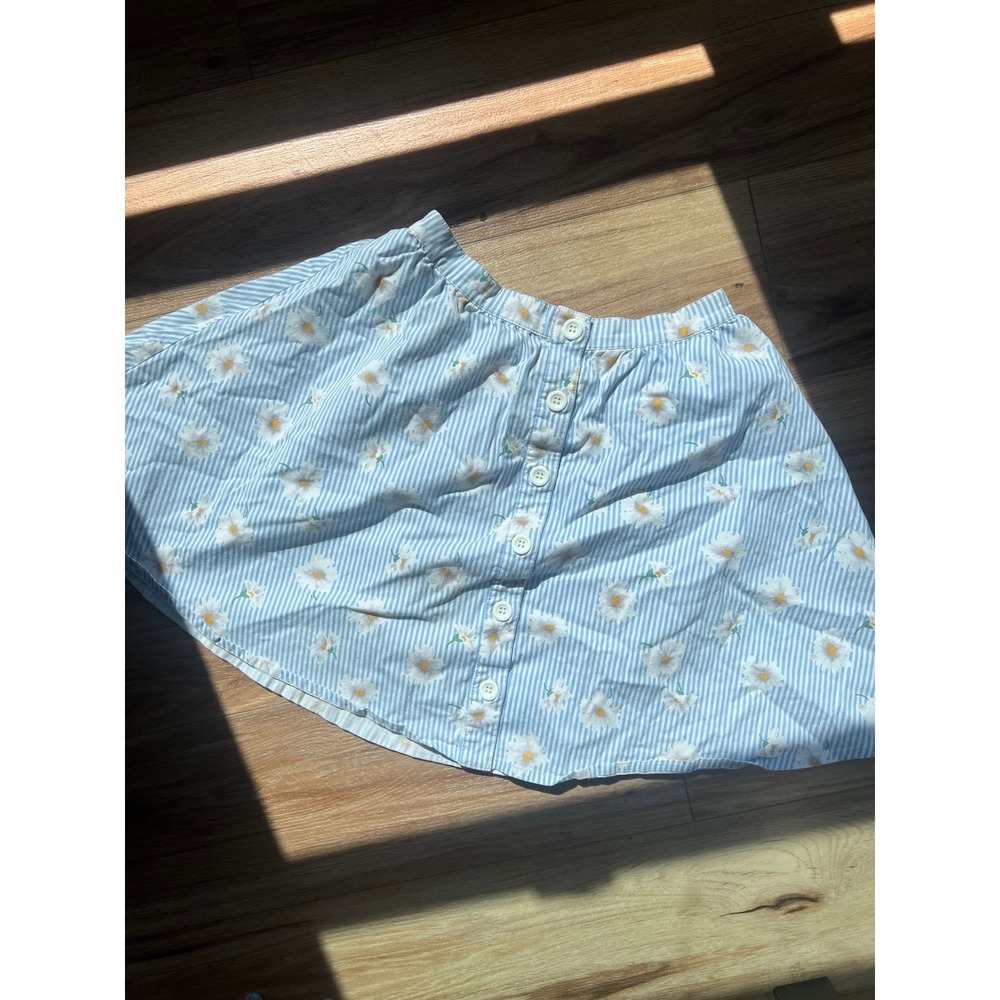 Y2K Cottagecore Button Front Skirt Wm S Blue White Daisy‎ Floral Striped Minimal